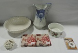 Antique Flow Blue Water Pitcher And 2 Ceramic Bowls