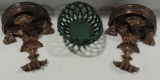 Pair Of Heavy Composition Wall 1/2 Moon Shelves & Green Ceramic Bowl