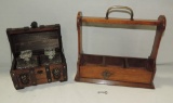 Antique Walnut Tantalus Bottle Holder & Wood Liquor Decanter Box