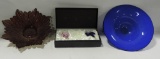 Art Glass Center Bowl Lot With Glass Floral Design Stoppers