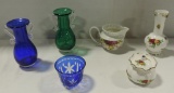 3 Old Country Roses Porcelain Pcs., Blue Cut To Clear Cup And Blue & Green Glass Vases