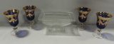 4 S R Line Italy Cobalt Blue & Gold Wine Glasses & Heavy Frosted Clear Glass Footed Bowl