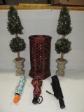 Mahogany Finish Wood Umbrella Holder & 2 Topiary Plants