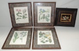 4 Framed Color Flower Prints & Original Oil On Tin Painting In Frame