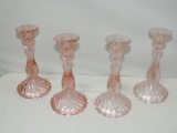 2 Pair Of Pink Glass Candleholders