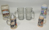 4 Ceramic Beer steins & 2 Glass Beer Mugs