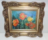 Floral Signed Oil On Canvas In Carved Gold Frame