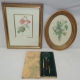 2 Framed Color Prints And 3 PC Wood & Brass Desk Set