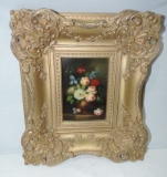 Oil On Wood Board In Deep Carved Gold Frame