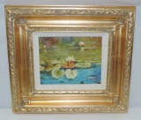 Signed CLAO Oil On Canvas Lilly Pads & Flowers In Pond