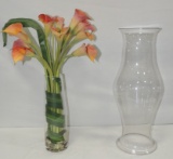 Large Crystal Hurricane Shade & Vase Of Artificial Flowers