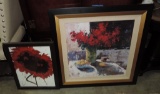 2 Red Floral Themed Prints In Frames