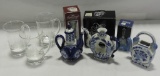 3 Etched Ship Mugs, New Crystal In Boxes & Blue & White Delftware