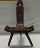 Spanish Carved Wood And Embossed Leather Birthing Chair