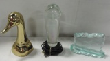 2 Signed Art Glass Items & Brass Duck Book End