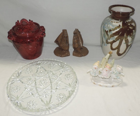 Resin Ship Bookends, Decorated Pottery Vase & Covered Jar, Plus More