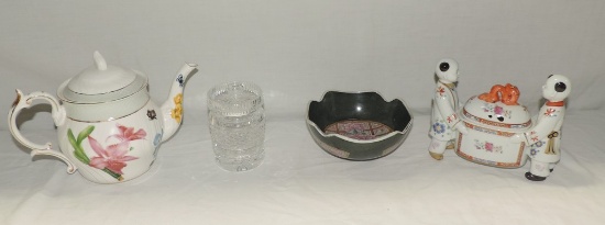 Burton Hand Painted Teapot, Oriental Porcelain Covered Figural Serving Dish, Cut Glass Jam Jar