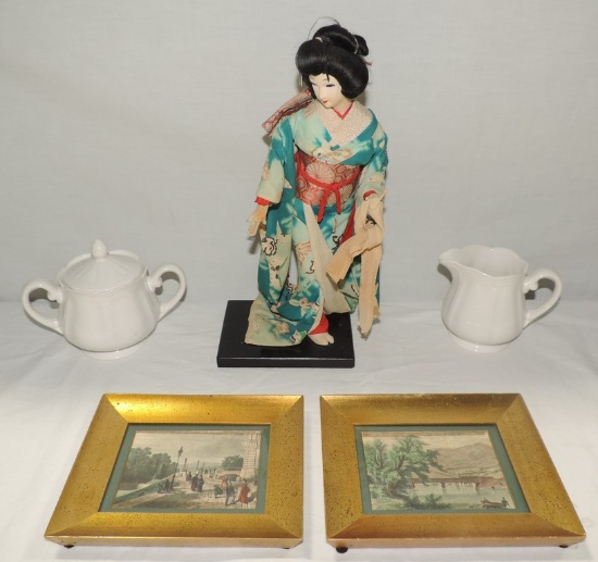 Pair Of Hand Colored Engravings, White Ceramic Covered sugar & Creamer And Oriental Doll