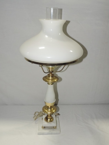 Marble & Brass Table Lamp With Milk Glass Shade