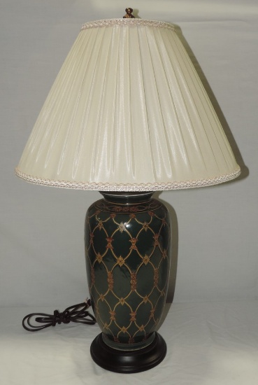 Green Ceramic And Gold Table Lamp With Shade