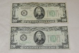 (2) 1934 A 20.00 Notes