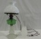 Antique Milk & Green Glass Electrified Oil Lamp With Shades