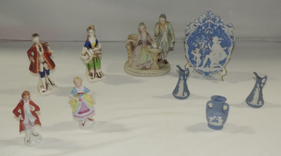 Tray Lot Colonial Figurines & Jasperware Mini Vases And Plaque