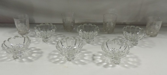 4 Victorian Floral Etched Tumblers And 6 Old Pressed Glass Desert Bowls