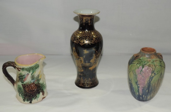 Weller Pottery Vase, Majolica Pitcher And Oriental Vase