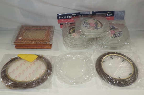 Tray Lot New Frames For Needlework Pictures, Jewelry Box And Plastic Plates For Needlework
