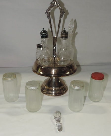 4 Hoosier Small Glass Jars And Silver-plate Cruet Set