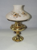 Brass Electrified Table Oil Lamp With Hand Painted Glass Shade