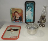 3 Vintage Coca Cola Trays, Aluminum Ice Bucket, Electrified Oil Lamp