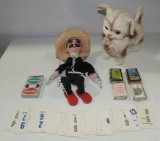 Vintage Kids Playing Cards, Plastic Squeaky Dog And Paper Mache Puppet