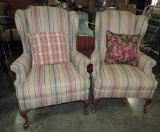 Pair Of Striped Fabric Covered Wing Chairs
