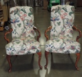 Boldly Upholstered Pair Of Mahogany Queen Anne Style Arm Chairs