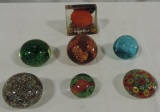 Collection Of 6 Glass Paperweights & Lucite Example