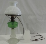 Antique Milk & Green Glass Electrified Oil Lamp With Shades
