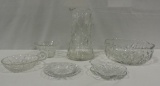 5 Pcs Pair point Murillo Butterfly Cut Glass & Large Cut Glass Pitcher