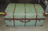 Cool Antique Japanese Green Painted Woven Rattan Trunk With Metal Bands