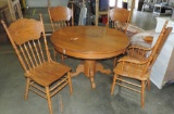 Round Oak Center Pedestal Kitchen Table With 4 Pressed Back Chairs