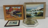 2 Original Oil On Boards In Frames, Elgin Wall Clock