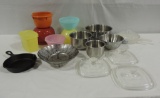 Tray Lot Tupperware, Stainless Bowls, Pyrex/Corning Lids & More