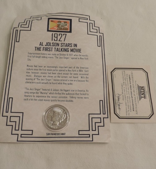 1927 Peace Silver Dollar on Al Jolson Sheet