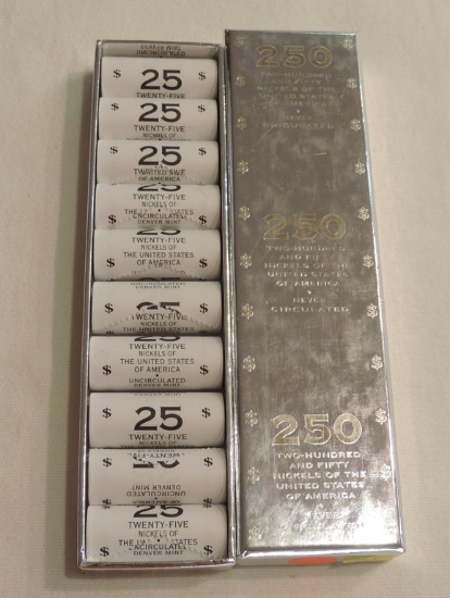 Box of 250 Uncirculated Nickels in Silver Box