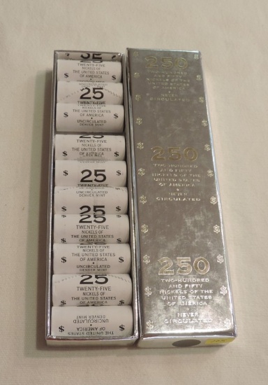 Box of 250 Uncirculated Nickels in Silver Box