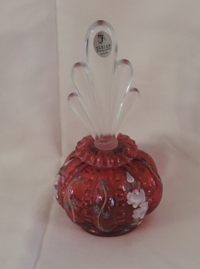 Fenton Cranberry Glass Floral Hand Painted Perfume Bottle With Stopper