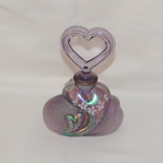 Fenton Glass Iridescent Purple Perfume Bottle With Floral Decoration