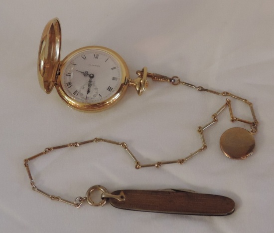 Clinton Pocket Watch On Antique Gold Filled Watch Chain With Locket & Pen Knife