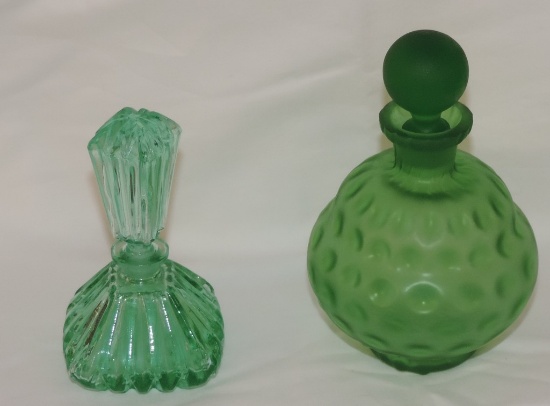 2 Green Glass Vintage Perfume Bottles